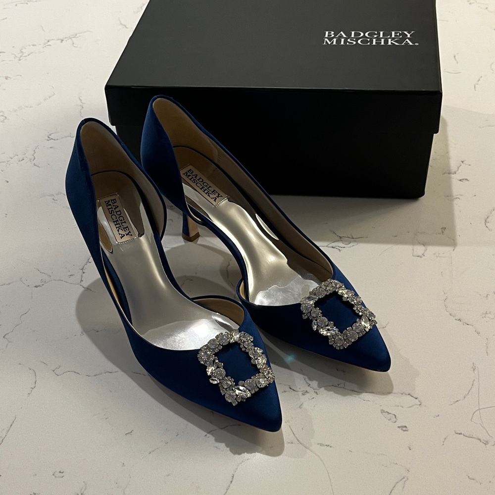 Badgley Mischka Fabia Navy Crystal Buckle Heels